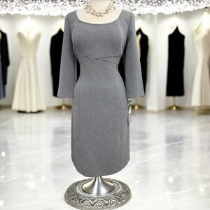 Tahari Arthur Levine Gray Square Neckline 3/4 Sleeve Sheath Dress | Size 14